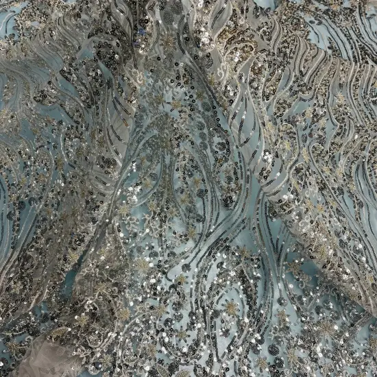 1 Yard Beaded Lace Fabric on 100% Polyester Net Mesh, Embroidered Lace Fabric, 54" Wide, Elegant Textile for Dressmaking & Crafts Silver {5}