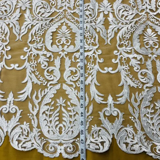 1 Yard White Corded Bridal Lace Fabric, 48&rdquo; Wide Embroidered Polyester Mesh Gold {2}
