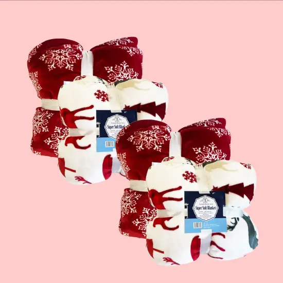 98x92" Oversized Sherpa Blanket Deer & Snowflake Design, Ultra-Soft Flannel Fleece Front White {3}