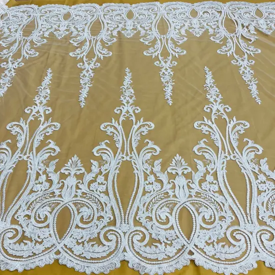 1 Yard Gold Metallic Beaded & Corded Bridal Lace Fabric, Embroidered 100% Polyester Net Mesh, 54" Wide White {1}