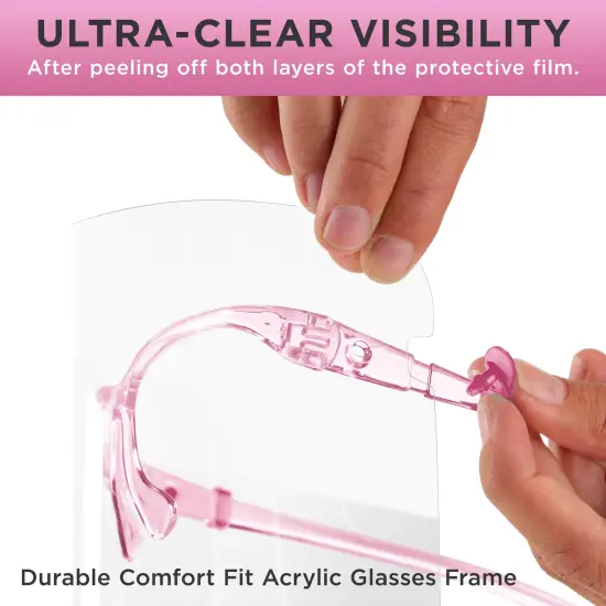 Safety Face Shields with Pink Glasses Frames (Pack of 25) - Ultra Clear Protective Full Face Shields to Protect Eyes Nose Mouth - Anti-Fog PET Plastic {5}