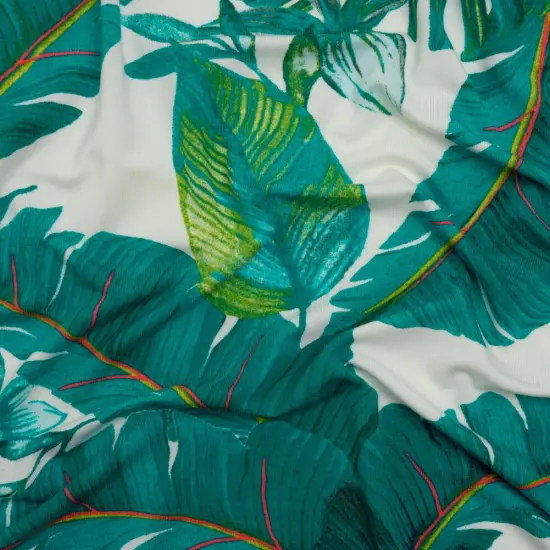 1 Yard Green, Lime and Pink Tropical Leaves Stretch Rayon Jersey Fabric 61 inch Width {1}