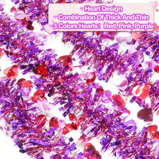 TURNMEON 33 Feet Valentines Day Decorations Heart Tinsel Garland, Red Pink Purple Metallic Garland Valentines Day Garland Decorations for Tree Home Indoor Outdoor Wedding Hanging Galentine's Day Decor {6}