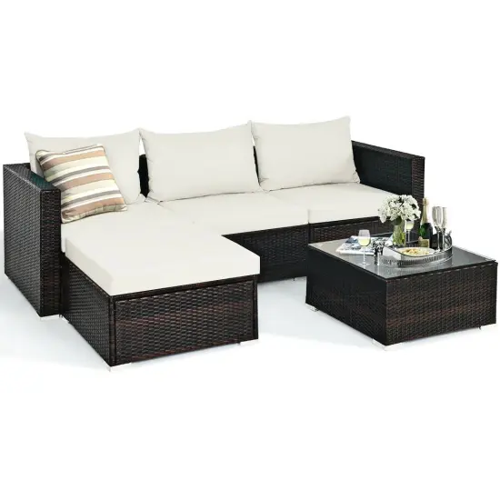 5 Pieces Patio Rattan Sectional Furniture Set with Cushions and Coffee Table Turquoise {8}
