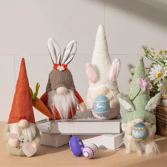 Easter Gnomes Decorations, 4Pcs Plush Easter Bunny Egg Carrot Handmade Swedish Tomte Elf Stuffed Doll Rabbit {2}