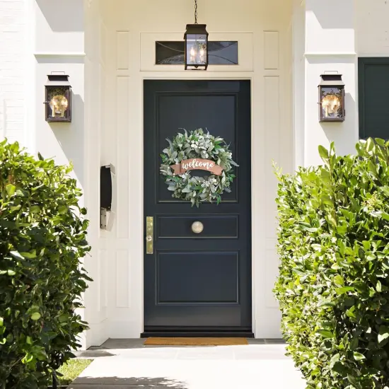 22 Inch Spring Everyday Lamb Ears Leaves Wreath with White Wild Flowers and Berries for Front Door, Welcome Wood Sign Green Leaves Wreath for Indoor Outdoor, Everyday Leaves Wreath {4}