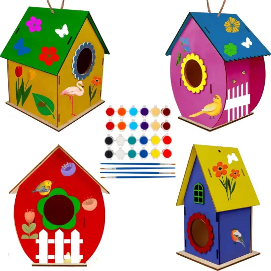 4-Pack DIY Bird House Kit &ndash; Wooden Build & Paint Craft Toy for Kids with Paints & Brushes {1}