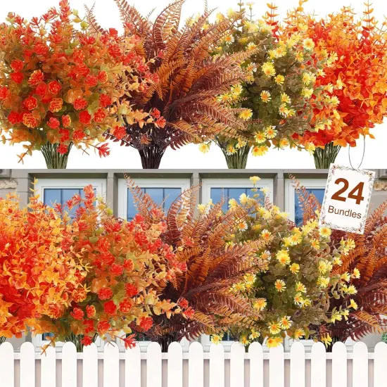 24 Bundles Artificial Fall Flowers for Outdoor Decoration {1}