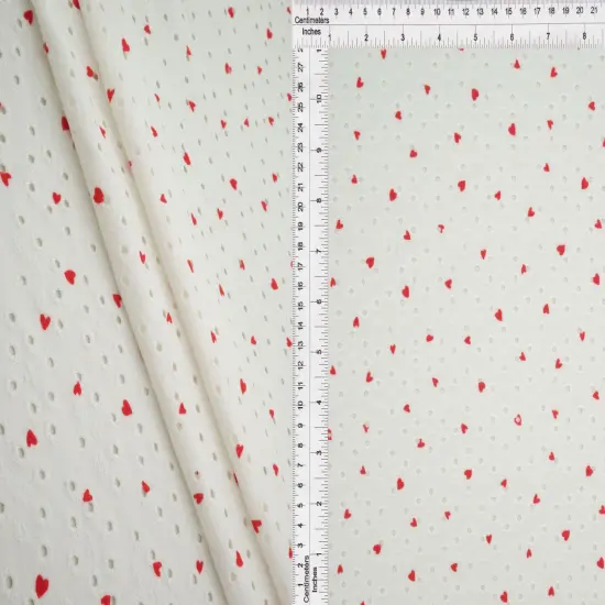 1 Yard Ivory & Red Knit Jacquard Eyelet Heart Print Fabric Stretch Polyester Spandex 58/60 Inches Wide {3}