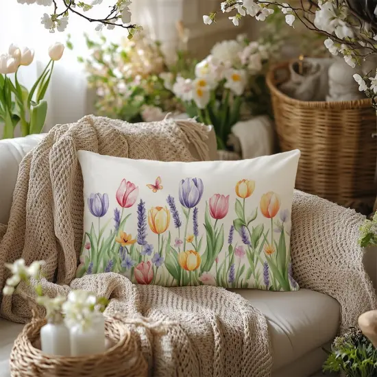 Spring Pillow Cover 12x20 Inch Tulip Butterfly Decoration Pillow Case Seasonal Decor for Home Sofa Couch AA700-12 {5}
