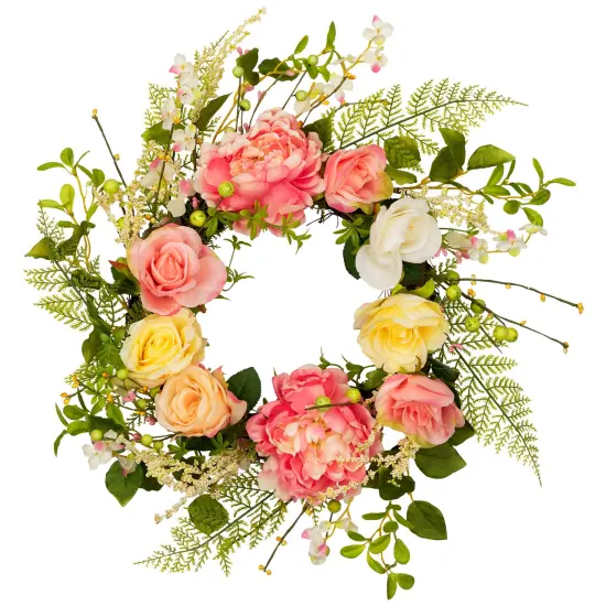 Northlight Rose and Peony Artificial Floral Spring Wreath, Pink and Yellow - 22-Inch {3}