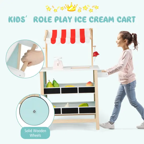 Costway Kids Ice Cream Cart Wooden Toddler Farmers Market Stand with Chalkboard & Storage White/Green {6}