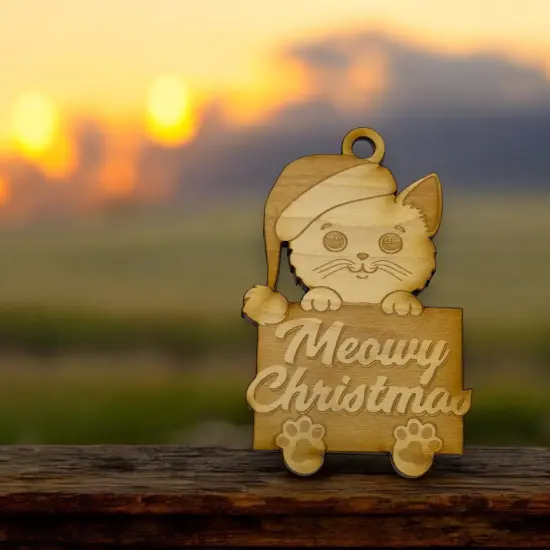 Ornament - Meowy Christmas - Raw Wood 3x4in {6}