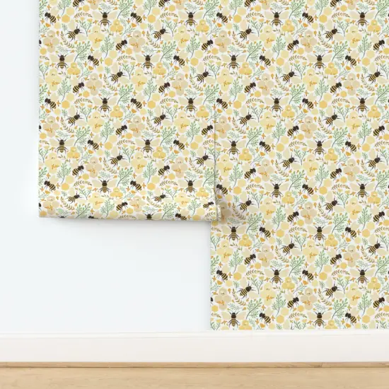 Peel & Stick Wallpaper 2FT Wide Spring Honeybee Summer Bugs Hexagons Easter Bees Insects Yellow Tulips Cottagecore Custom Removable Wallpaper by Spoonflower 18031196 {2}