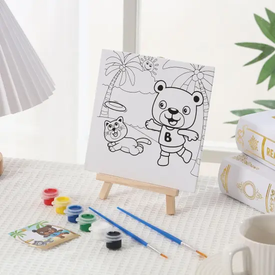 12 Sets Pre Drawn Canvas to Paint Kid Adult Stretched Coloring Painting Canvas Panels with Design Easel and Brushes {4}