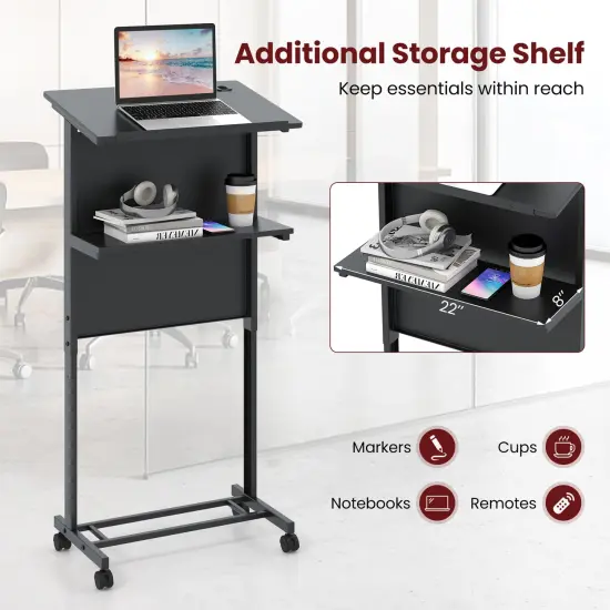 3-Position Black Height Adjustable Lectern Table with Tilted Tabletop and Built-In Cable Hole {6}