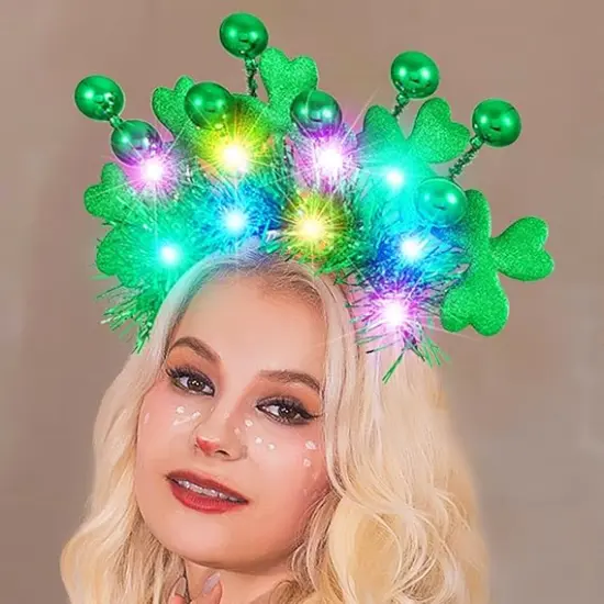 St Patrick's Day Headband Light Up Green Shamrock Hair Band Ball Irish Headwear Costume Accessories for Women and Girls {3}