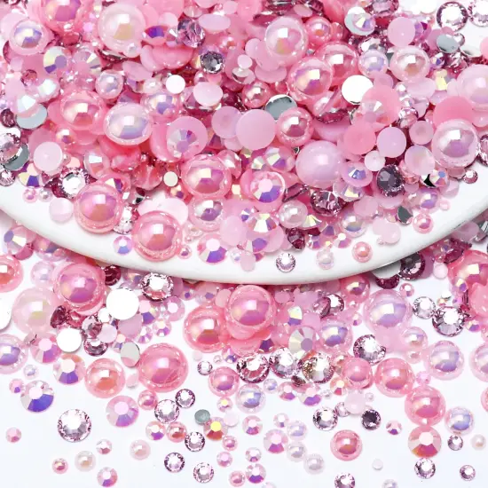 60g Mix Pearls and Rhinestones for Crafts, 2mm-10mm Pink Pearl Rhinestones for Shoes Nails Face Art, Tumbler Bedazzling Half Pearls and Rhinestones Gems, with Picker Pen {1}