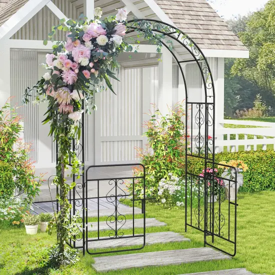 Garden Arbor with Gate with Multiple Side Crossbars and 4 Sharp Ground Stakes-Black {1}