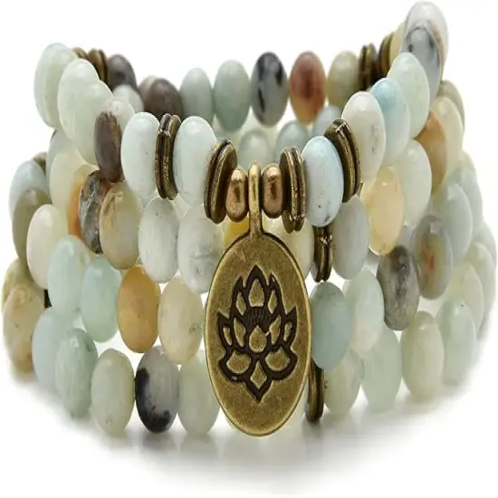 108 Healing Mala Beads Bracelet or Necklace with Gold Lotus Charm {1}
