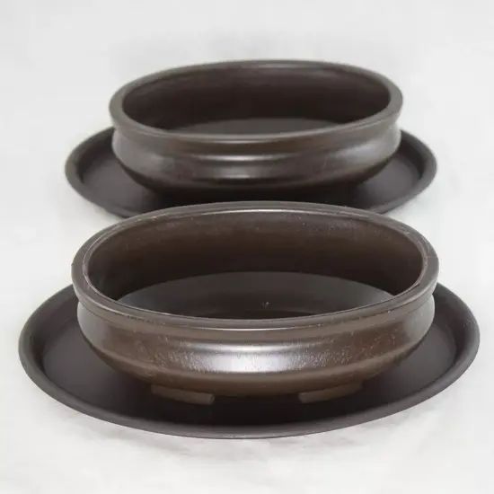 2 Oval Heavy Duty Plastic Bonsai / Succulent Pot + Trays - 7"x 4.5"x 2" Brown {1}