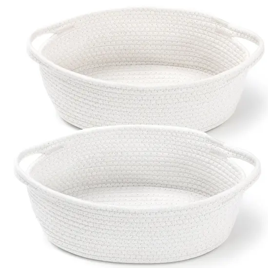 2 Pack Small Woven Basket with Gift Bags and Ribbons, Empty Decorative Gift Chest Box, Cute Baby Gift Basket for Nursery, Cotton Rope Room Shelf Storage Basket with Handles, All 12"x 8"x 5",White {5}