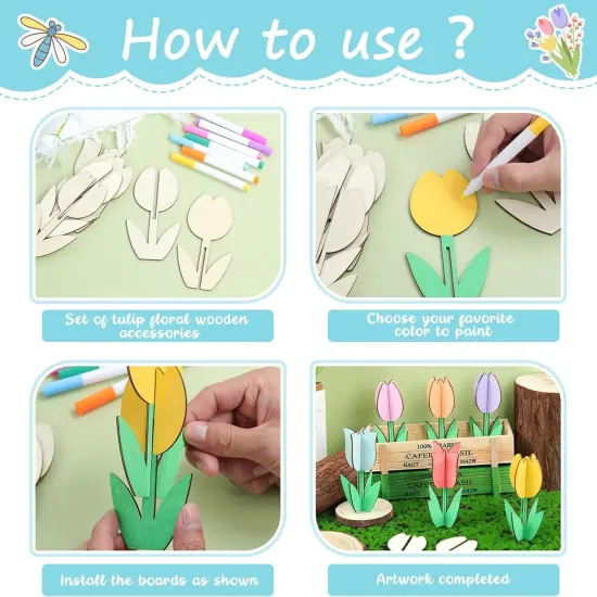 24 Pack Wood Tulips to Paint, DIY Wooden Tulips Flowers Craft Kits with Decorate Tools Spring Summer Centerpieces Craft Ornaments for Home DIY Craft Party Favors Tiered Tray Decorations {4}