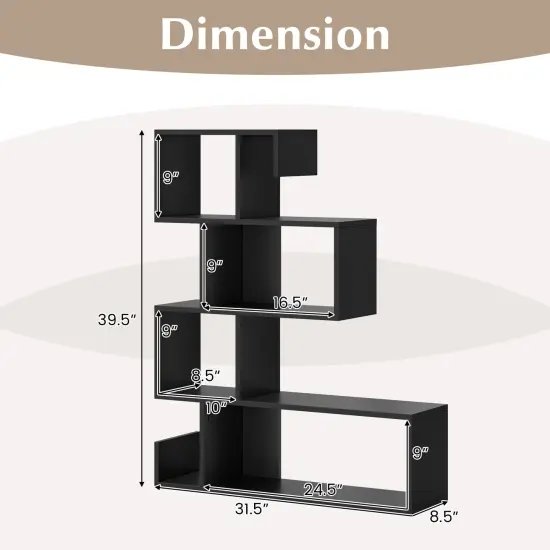 Black 5-Tier S-Shaped Bookshelf Geometric Z-Shelf Bookcase with Open Cubes {5}