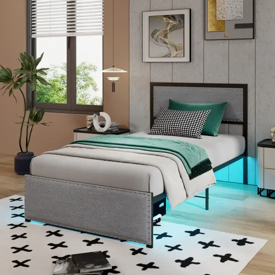 Grey Metal Slats Platform Bed Frame with LED Lights and Drawer {5}