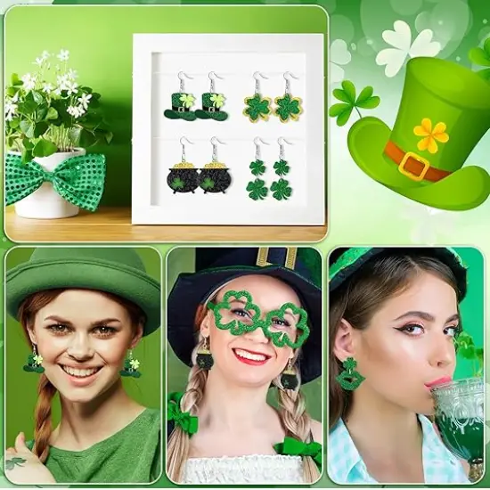 8 Pairs St. Patrick's Day Earrings for Women Acrylic Stud Irish Shamrock Dangle Earrings Green Hat Gold Pot Four Leaf Clover Earrings for Festival St Patty's Jewelry {4}