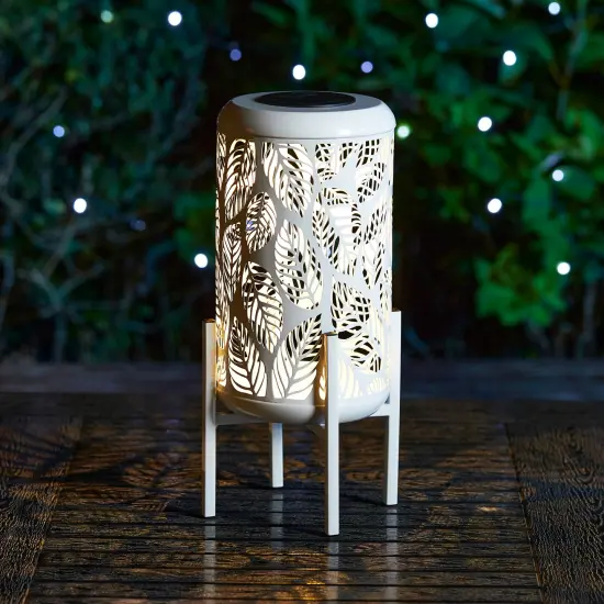 Set of 2 14.25"H Metal Cutout Leaves Pattern Solar Powered LED Outdoor Lantern with Stand 2pcs White {9}