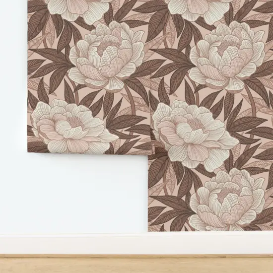 Peel & Stick Wallpaper 2FT Wide Monochrome Floral Botanical Bohemian Maximalist Glam Linework Boho Jumbo Brown Pink Custom Removable Wallpaper by Spoonflower {2}