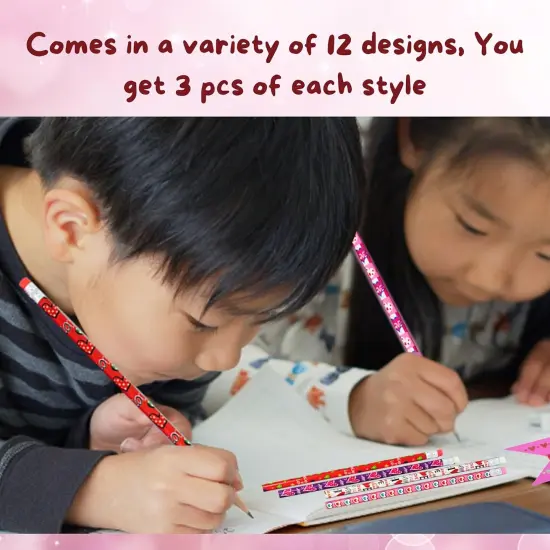 4E's Novelty 36 Pack - Valentines Pencils for Kids, Bulk with Erasers, Heart Themed Party Favors {3}