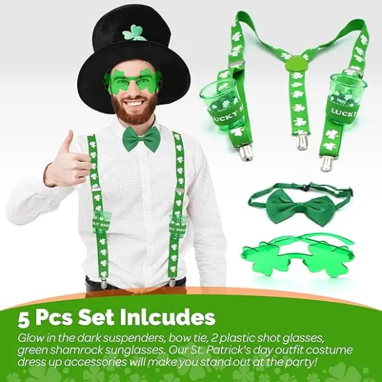 4E's Novelty St Patricks Day Glow in the Dark Suspenders, Shot Glass, Shamrock Glasses, Bowtie Accessories Set for Women, St Patricks Day Outfits for Men Leprechaun Costume {4}