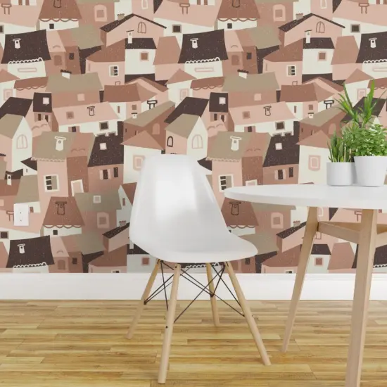 Peel & Stick Wallpaper 2FT Wide Whimsical Houses Rooftops Abstract Village Monochromatic Town Achitectural Earth Tone Cute Large Scale Custom Removable Wallpaper by Spoonflower {1}