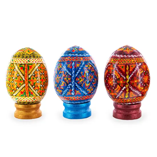 Set of 3 Colorful Geometric Ukrainian Pysanky Wooden Easter Eggs with Stands {4}
