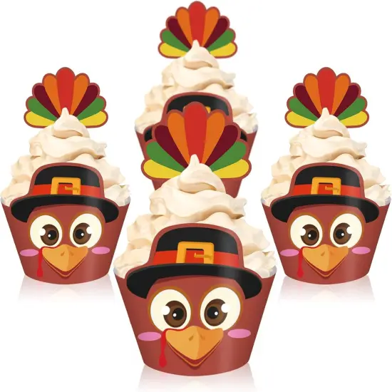48Pcs Thanksgiving Cupcake Wrappers & Toppers Set {1}