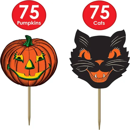 Paper Vintage Halloween Party Food Picks Cat Pumpkin Cupcake Toppers {2}