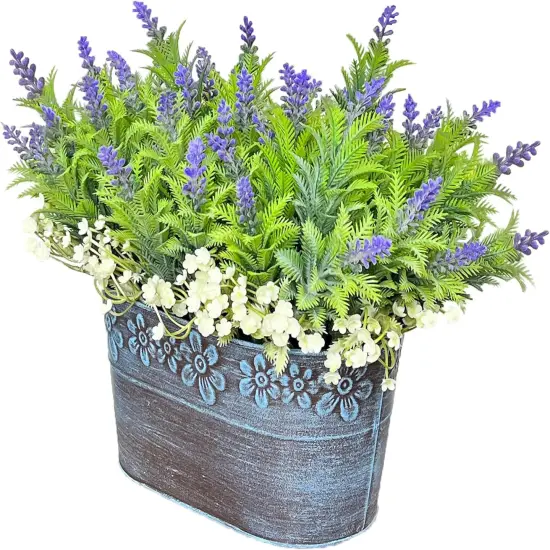 Summer Potted Plants, Artificial Flowers Lavender Arrangement in Rustic Rectangular Metal Planter, Pre-Potted Fake Lavender Table Centerpiece for Gifts Farmhouse {1}