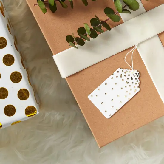 120 Pcs Gold Foil Paper Gift Tags with String for Christmas, Weddings, Party Favors, Stripes and Polka Dots Design (1.8 x 3.2 In) {3}