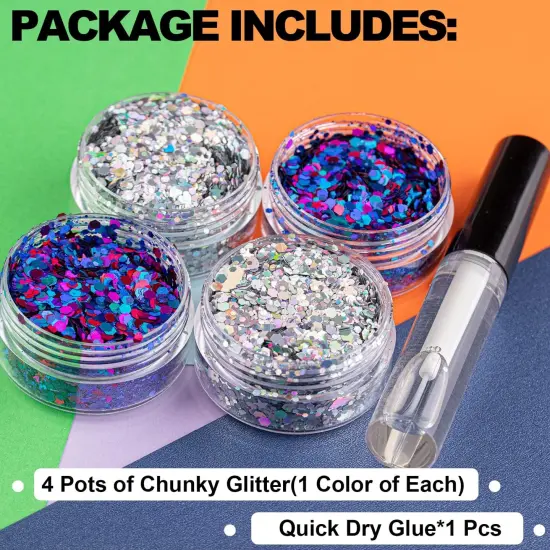 2 Colors of Holographic Chunky Glitter with Quick Dry Glue Pack 5, {2}