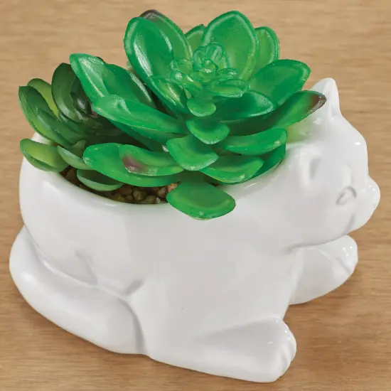 Collections Etc Faux Succulent Arrangement in White Ceramic Cat Pot {4}