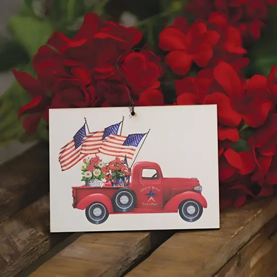 Flower Market Truck Ornament Lightweight White Wood with Vintage Red Pickup & American Flags {2}