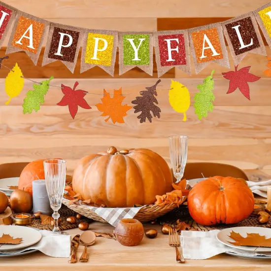 Happy Fall Burlap Banner Colorful Maple Leaf Glitter {4}