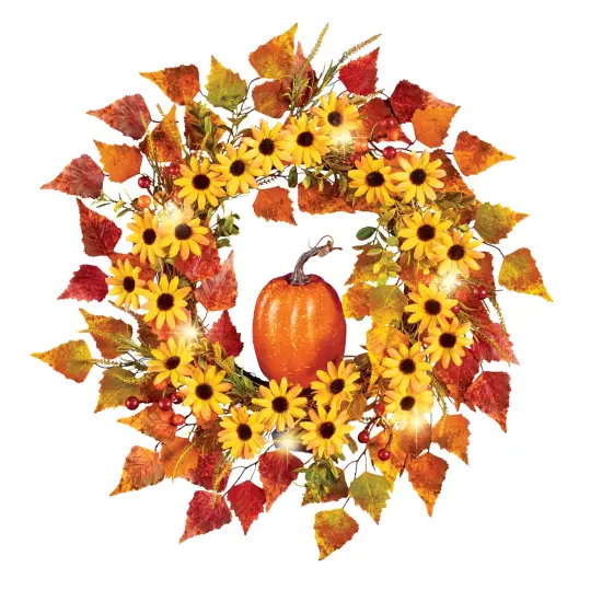 Collections Etc LED Lighted Fall Colorful Floral Pumpkin Hanging Wreath {2}