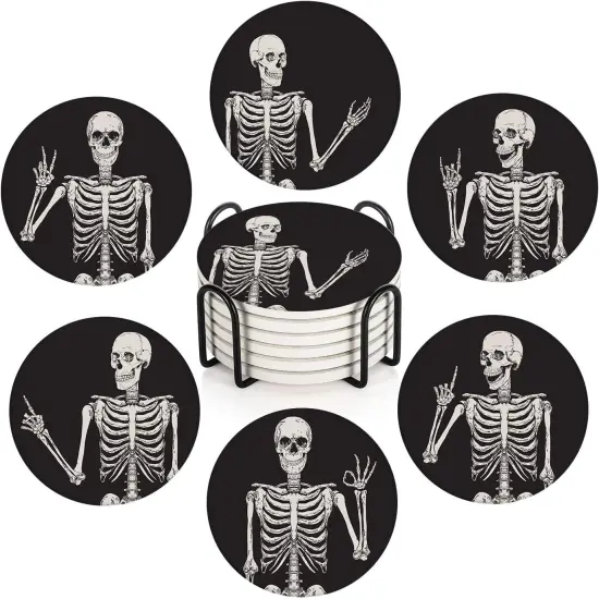 Coaster for Drinks Set of 6, Skeleton Skull Body Vintage Bones {1}