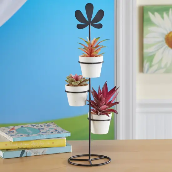 Collections Etc Artificial Succulents in White Pots and Iron Stand Set {1}