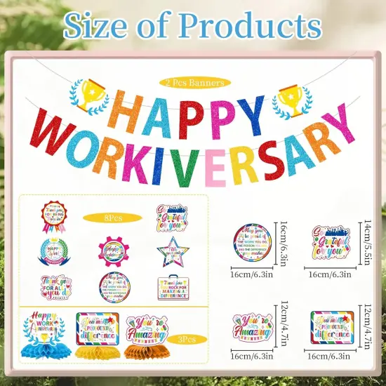 Happy Work Anniversary Decorations - 13PCS Glitter Banner, Hanging Swirls & Centerpieces (Colorful) {2}