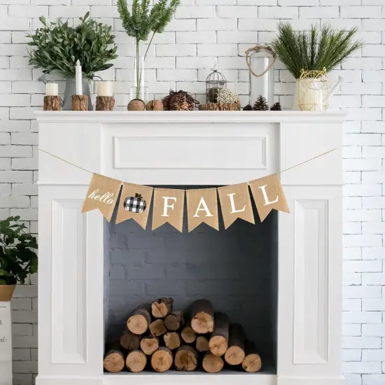 Hello Fall Burlap Banner Buffalo Check Plaid Jute Burlap Pumpkin Garland {4}