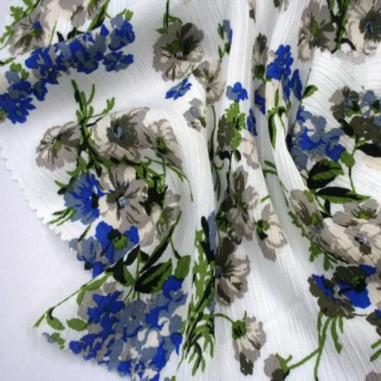 1 Yard Textured Ivory Blue Rayon Crinkle Fabric For Stylish Dresses Blouses Skirts Lightweight Apparel 50/51" Width {1}